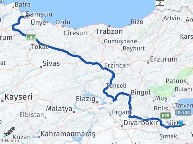Siirt Pervari Samsun Arası Kaç Km - Yol Haritası