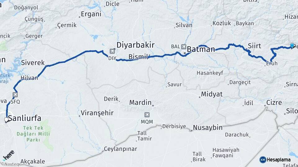 Siirt Pervari Şanlıurfa Arası Kaç Km - Yol Haritası