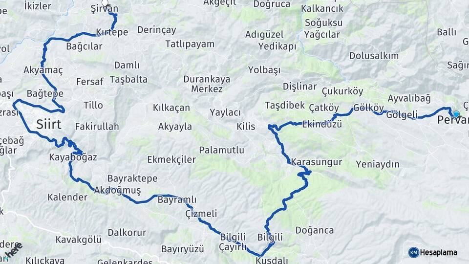 Siirt Pervari Şirvan Arası Kaç Km - Yol Haritası