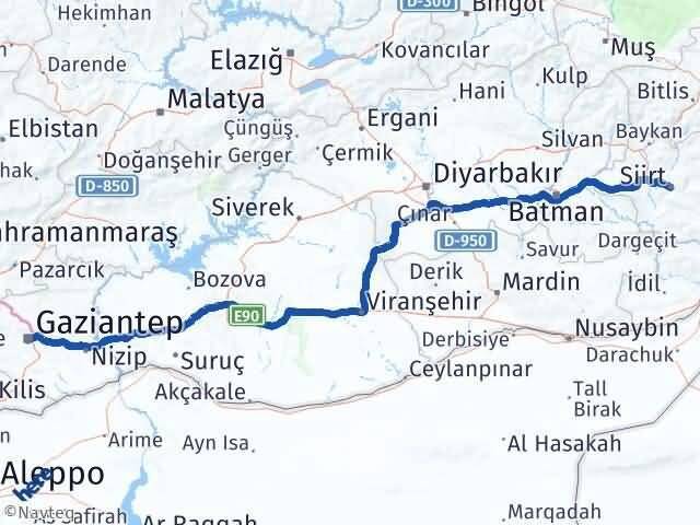Siirt Şahinbey Gaziantep Arası Kaç Km - Yol Haritası