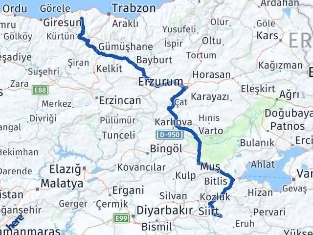 Siirt Şalpazarı Trabzon Arası Kaç Km - Yol Haritası