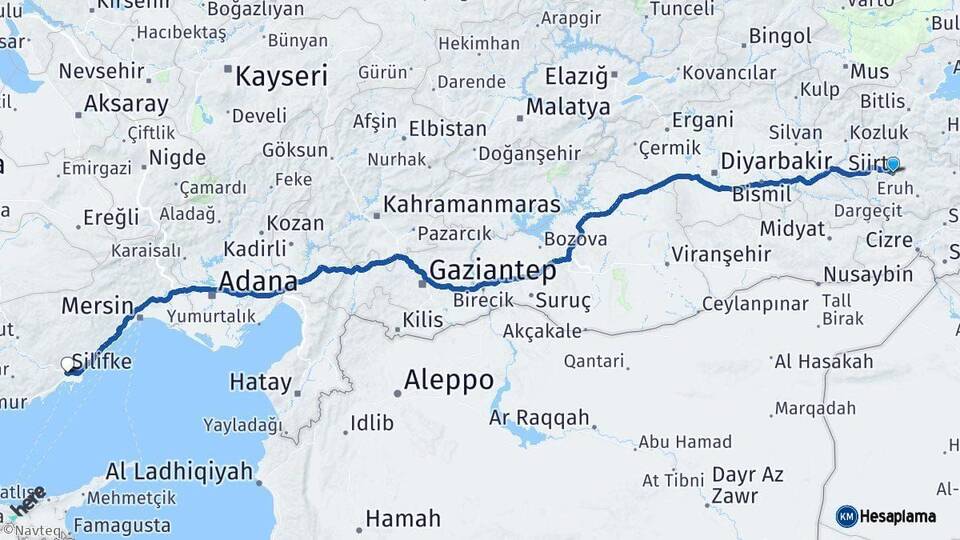 Siirt Silifke Mersin Arası Kaç Km - Yol Haritası