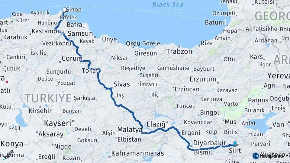Siirt Sinop Arası Kaç Km - Yol Haritası