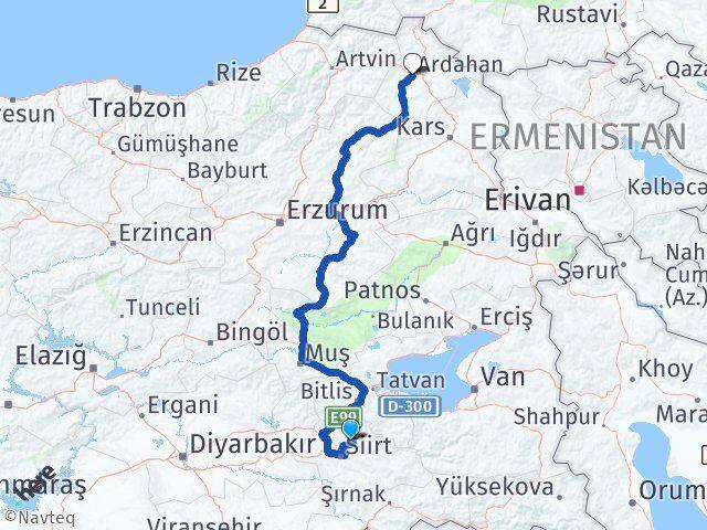 Siirt Şirvan Ardahan Arası Kaç Km - Yol Haritası