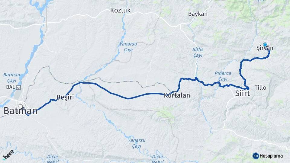 Siirt Şirvan Batman Arası Kaç Km - Yol Haritası