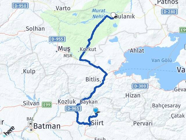 Siirt Şirvan Bulanık Muş Arası Kaç Km - Yol Haritası