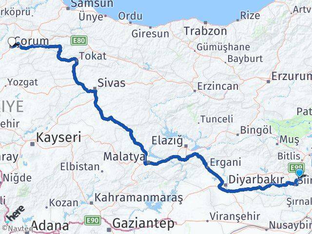 Siirt Şirvan Çorum Arası Kaç Km - Yol Haritası