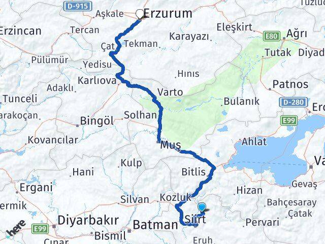 Siirt Şirvan Erzurum Arası Kaç Km - Yol Haritası