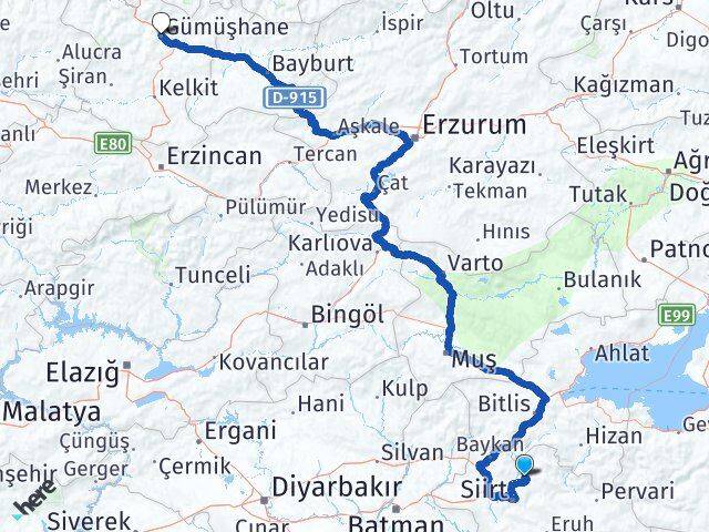 Siirt Şirvan Gümüşhane Arası Kaç Km - Yol Haritası