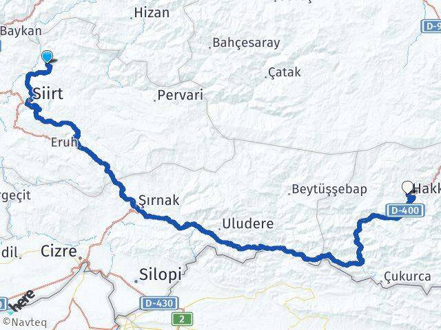 Siirt Şirvan Hakkari Arası Kaç Km - Yol Haritası