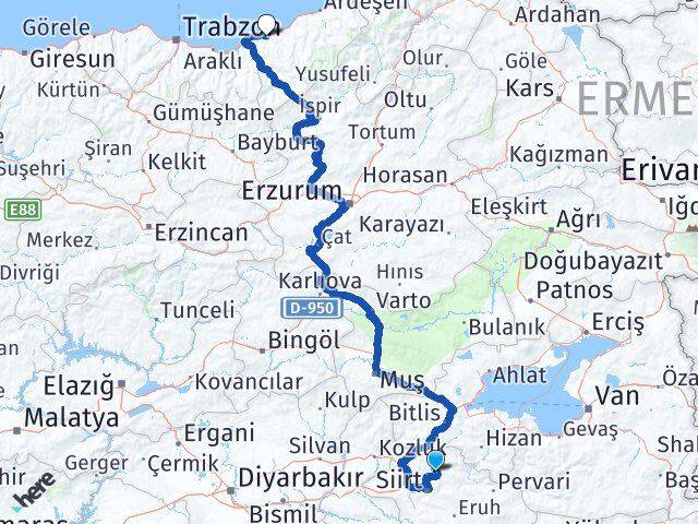 Siirt Şirvan Rize Arası Kaç Km - Yol Haritası
