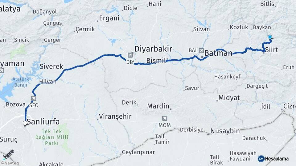 Siirt Şirvan Şanlıurfa Arası Kaç Km - Yol Haritası