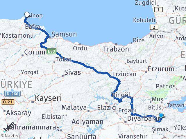 Siirt Şirvan Sinop Arası Kaç Km - Yol Haritası