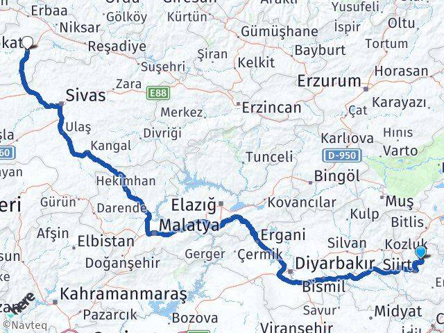 Siirt Şirvan Tokat Arası Kaç Km - Yol Haritası