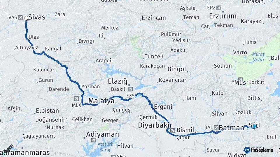 Siirt Sivas Arası Kaç Km - Yol Haritası