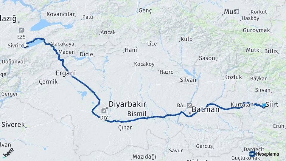 Siirt Sivrice Elazığ Arası Kaç Km - Yol Haritası