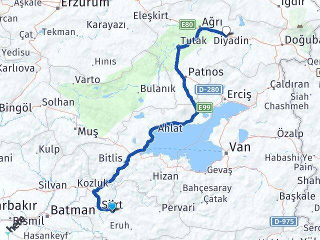 Siirt Taşlıçay Ağrı Arası Kaç Km - Yol Haritası