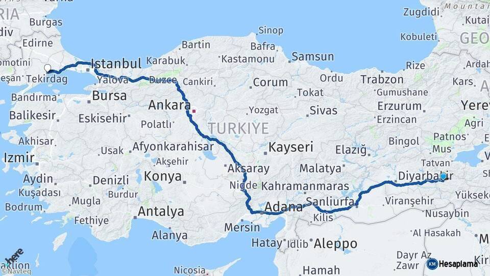 Siirt Tekirdağ Arası Kaç Km - Yol Haritası