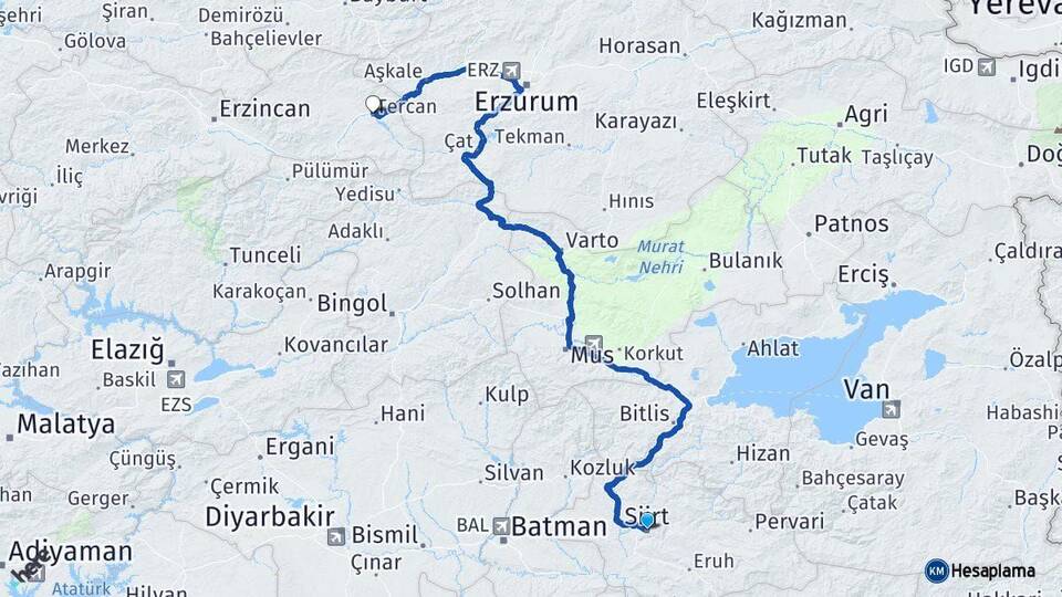 Siirt Tercan Erzincan Arası Kaç Km - Yol Haritası