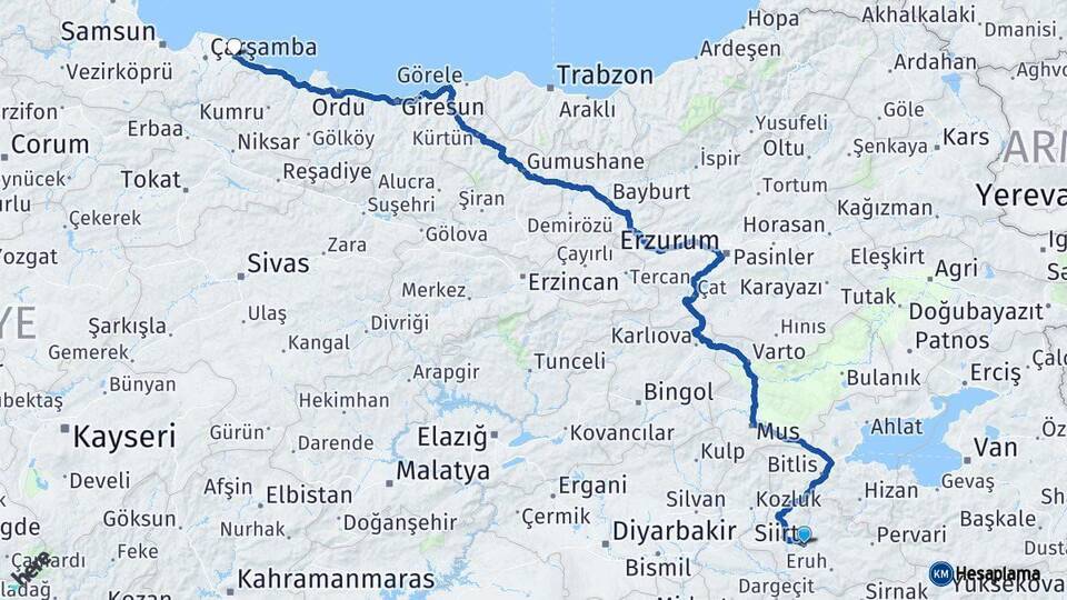 Siirt Terme Samsun Arası Kaç Km - Yol Haritası