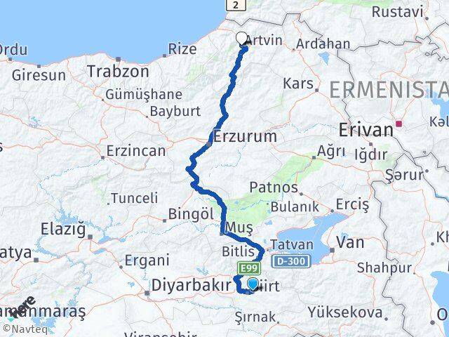 Siirt Tillo Artvin Arası Kaç Km - Yol Haritası
