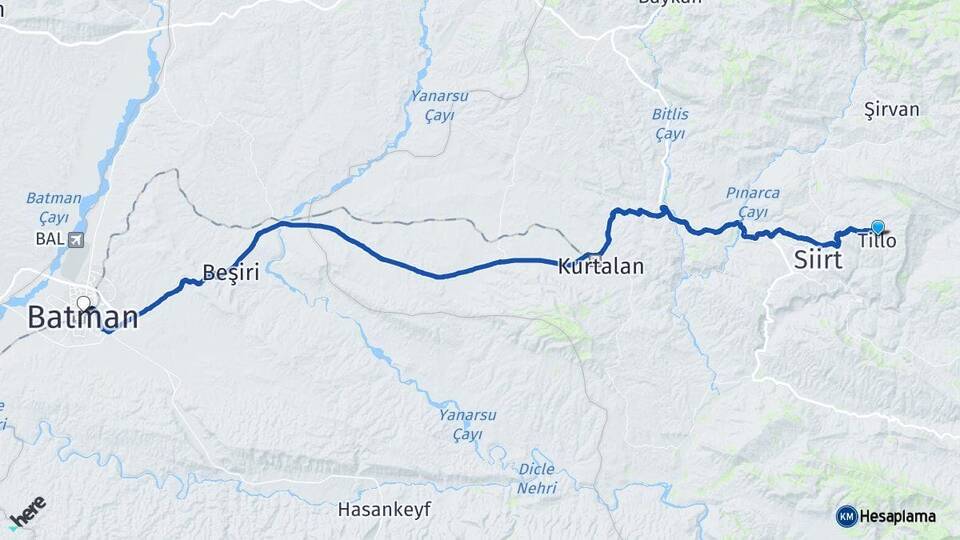 Siirt Tillo Batman Arası Kaç Km - Yol Haritası