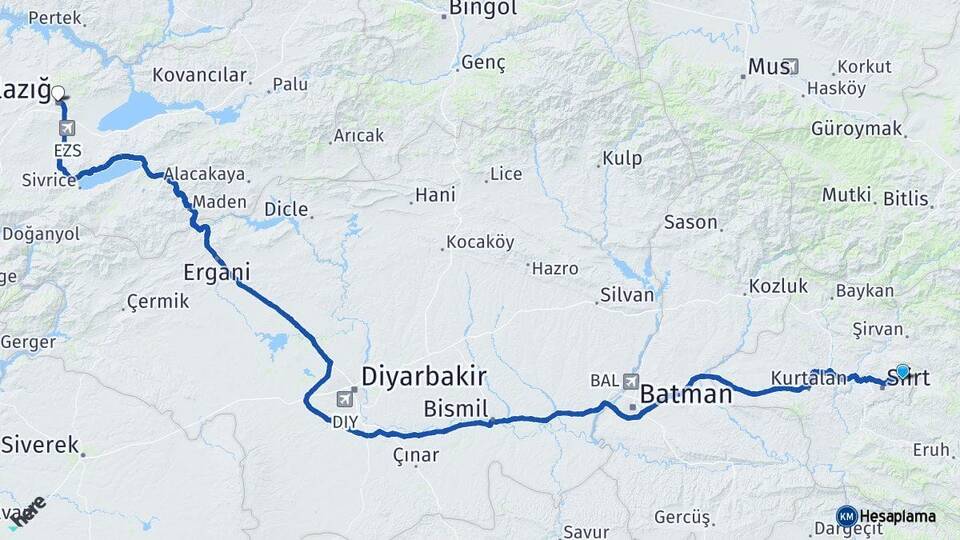 Siirt Tillo Elazığ Arası Kaç Km - Yol Haritası