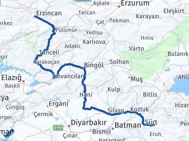Siirt Tillo Erzincan Arası Kaç Km - Yol Haritası