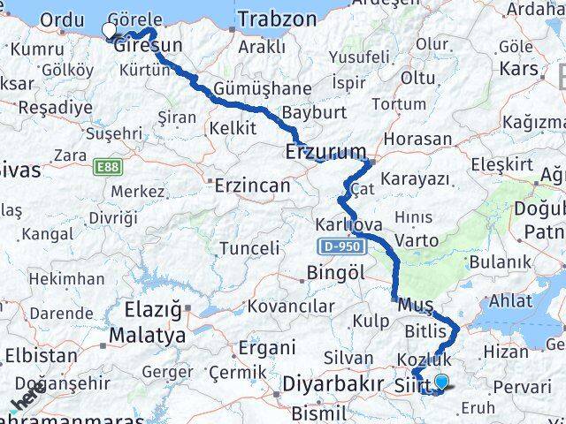Siirt Tillo Giresun Arası Kaç Km - Yol Haritası