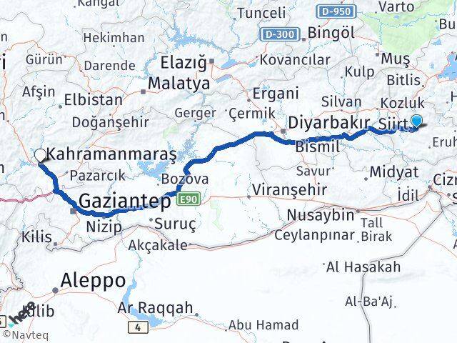 Siirt Tillo Kahramanmaraş Arası Kaç Km - Yol Haritası