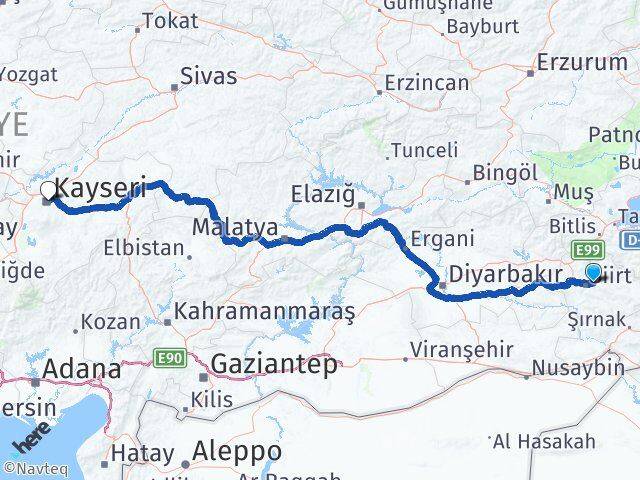Siirt Tillo Kayseri Arası Kaç Km - Yol Haritası