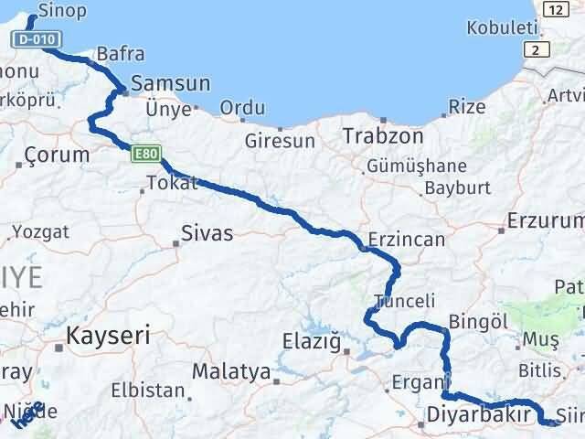 Siirt Tillo Sinop Arası Kaç Km - Yol Haritası