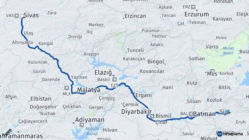 Siirt Tillo Sivas Arası Kaç Km - Yol Haritası