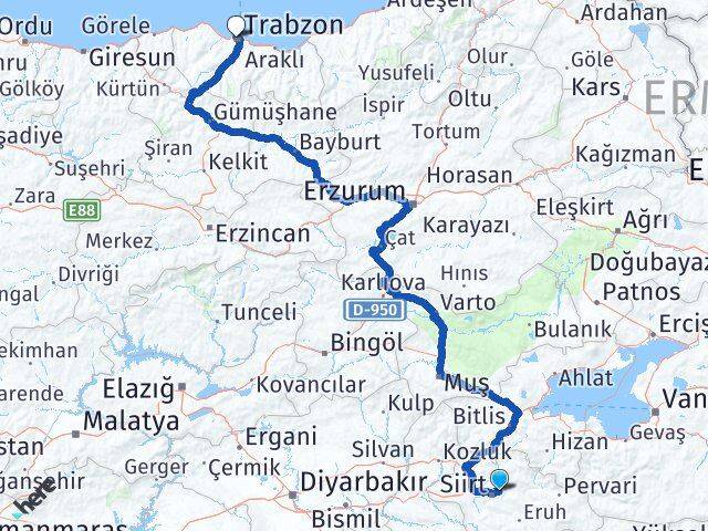 Siirt Tillo Trabzon Arası Kaç Km - Yol Haritası