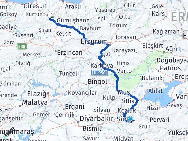 Siirt Torul Gümüşhane Arası Kaç Km - Yol Haritası