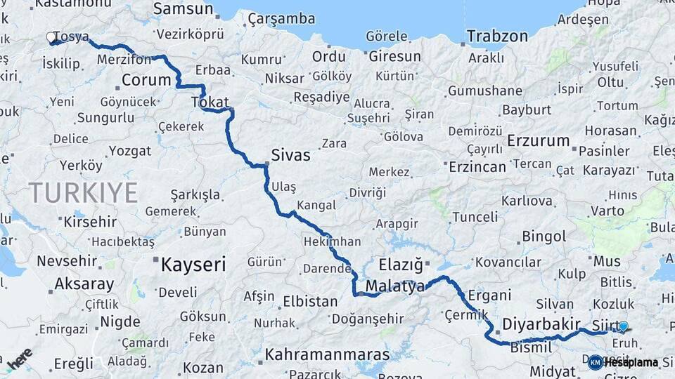 Siirt Tosya Kastamonu Arası Kaç Km - Yol Haritası