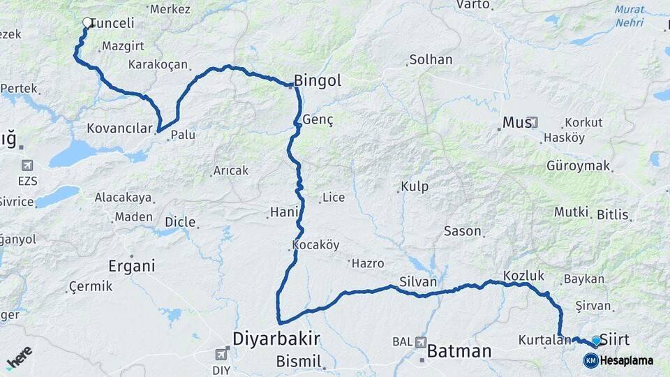 Siirt Tunceli Arası Kaç Km - Yol Haritası