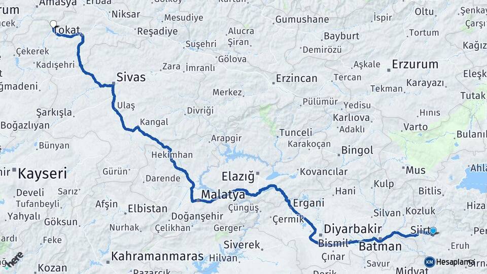 Siirt Turhal Tokat Arası Kaç Km - Yol Haritası