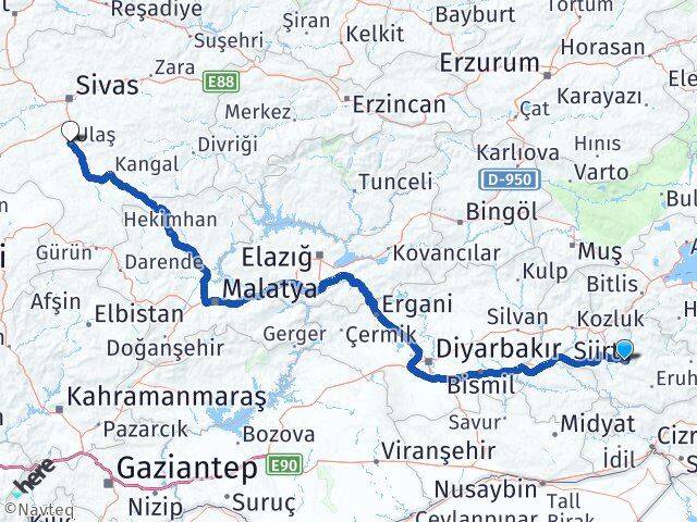 Siirt Ulaş Sivas Arası Kaç Km - Yol Haritası