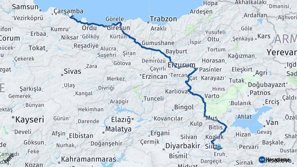 Siirt Ünye Ordu Arası Kaç Km - Yol Haritası