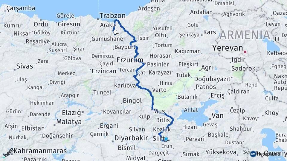 Siirt Uzungöl Çaykara Trabzon Arası Kaç Km - Yol Haritası