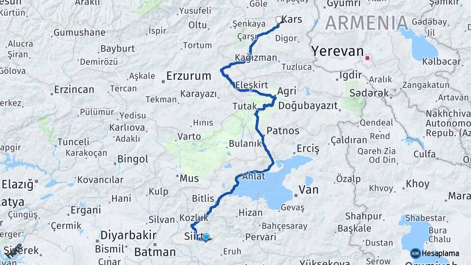 Siirt Veysel Karani Arası Kaç Km - Yol Haritası