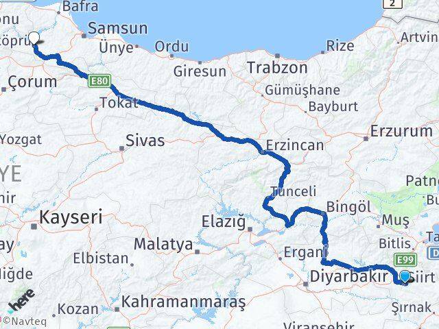 Siirt Vezirköprü Samsun Arası Kaç Km - Yol Haritası
