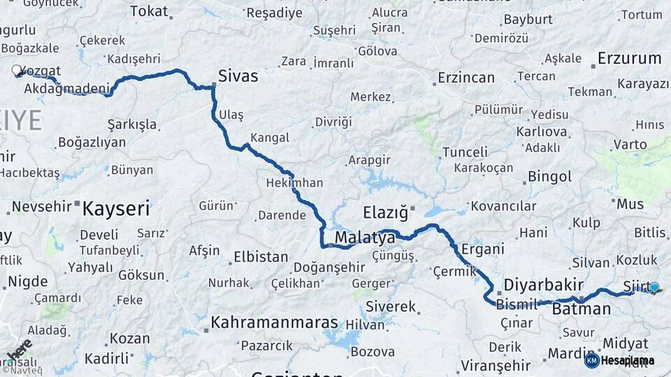 Siirt Yozgat Arası Kaç Km - Yol Haritası
