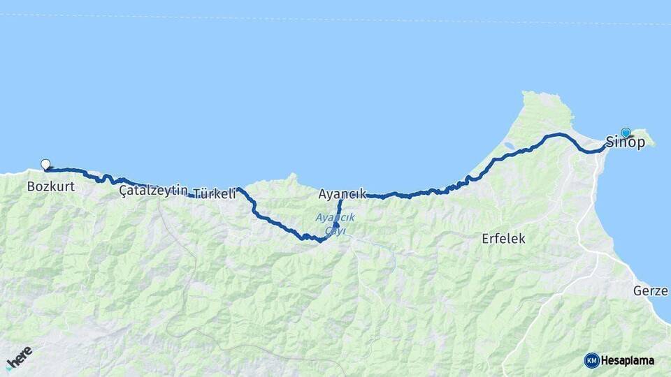 Sinop Abana Kastamonu Arası Kaç Km - Yol Haritası