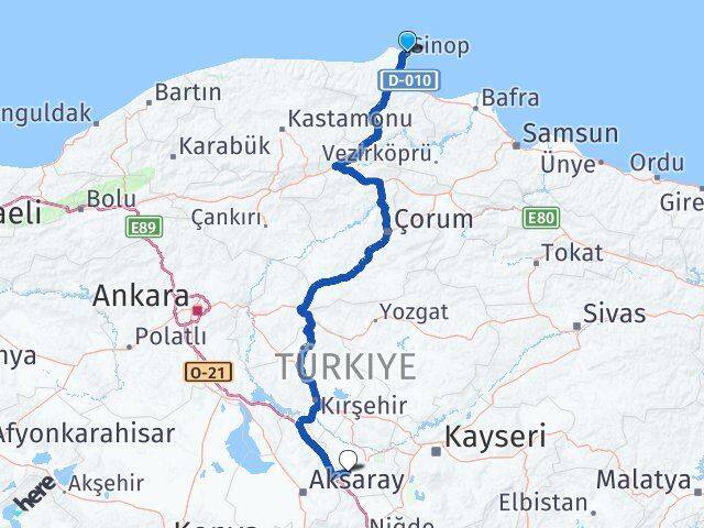 Sinop Acıgöl Nevşehir Arası Kaç Km - Yol Haritası