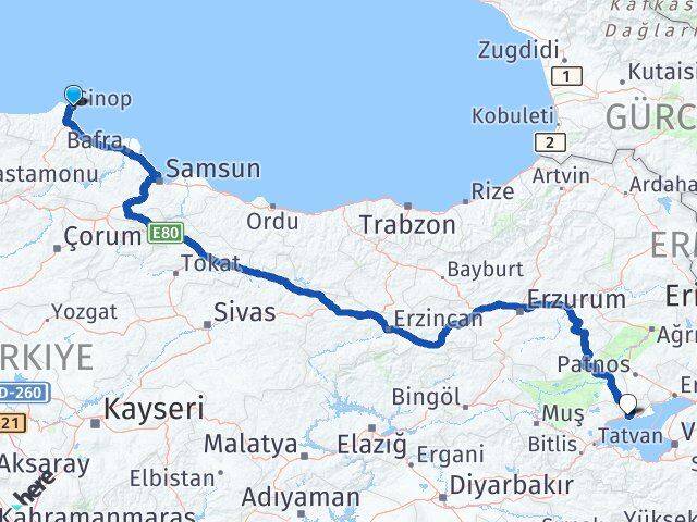 Sinop Adilcevaz Bitlis Arası Kaç Km - Yol Haritası