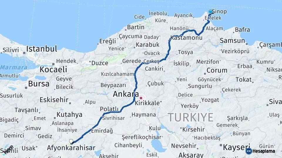 Sinop Afyonkarahisar Arası Kaç Km - Yol Haritası