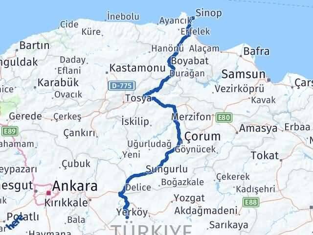 Sinop Akçakent Kırşehir Arası Kaç Km - Yol Haritası