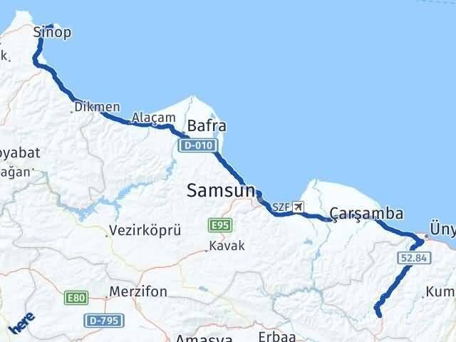 Sinop Akkuş Ordu Arası Kaç Km - Yol Haritası